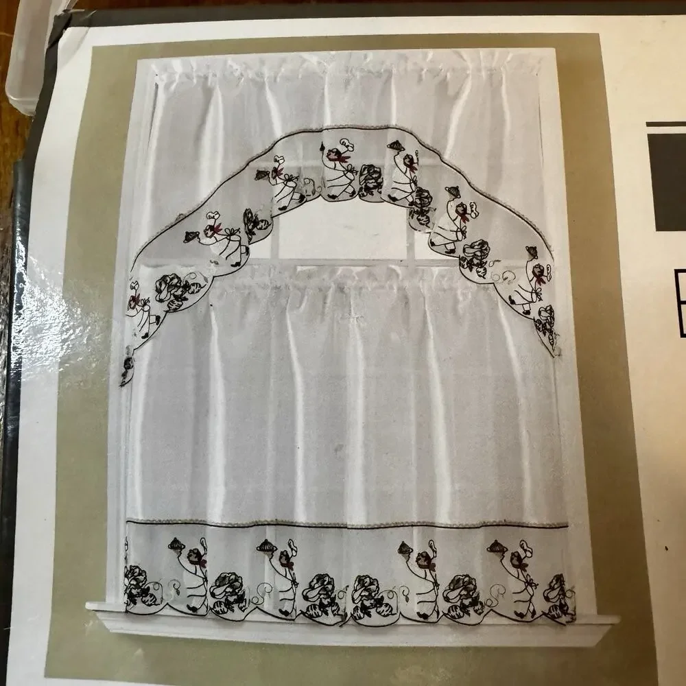 Embroidered Kitchen Curtain Set LOLA Chef 3 Pc Tiers + Valance 30x36 And 30”x60”